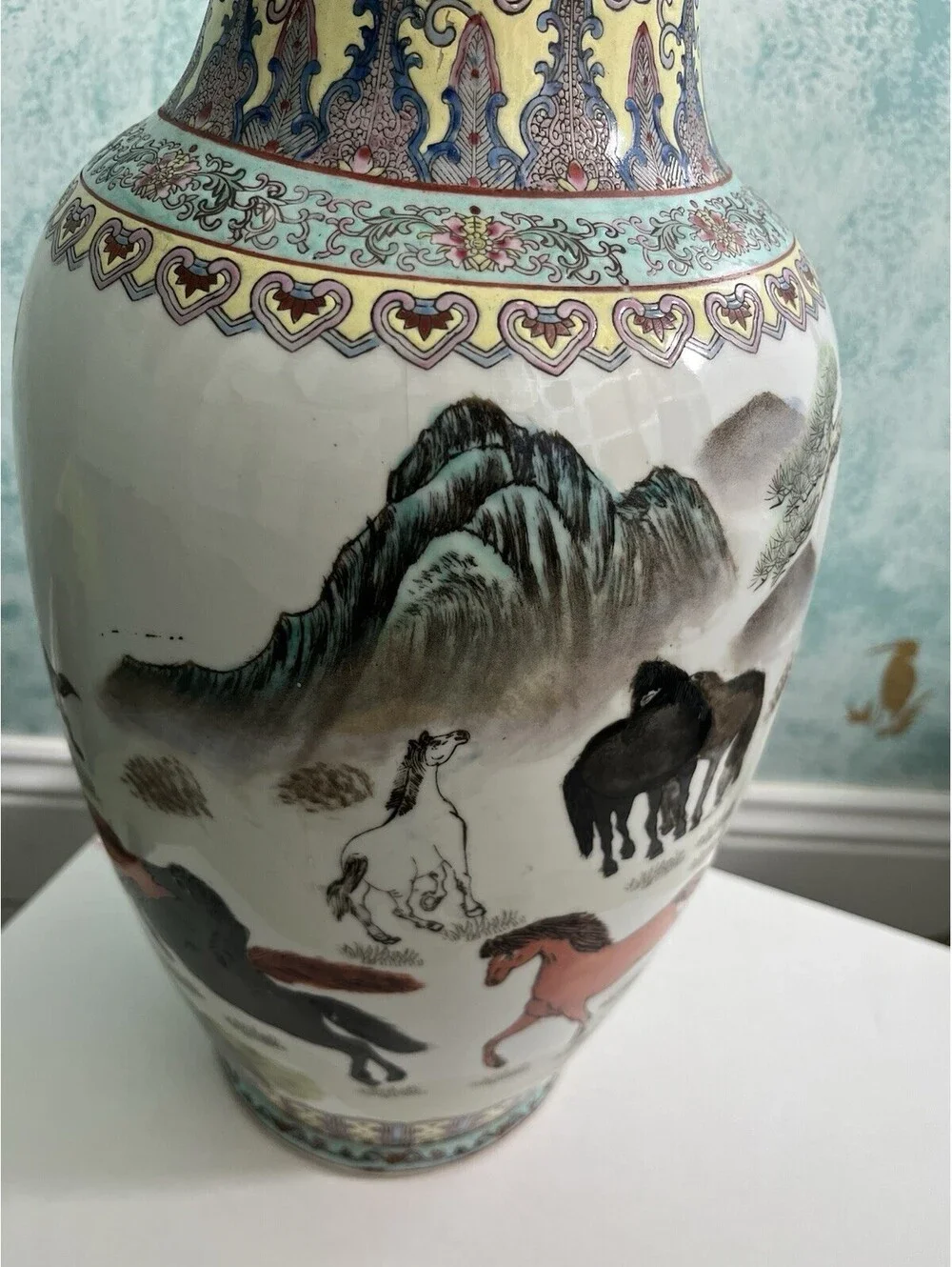 Vintage Asian Chinese Style Porcelain Flower Vase Handmade Beautiful Horses